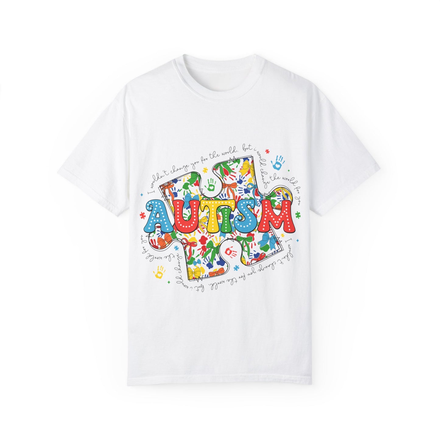 Autism Awareness Unisex Garment-Dyed T-Shirt - Colorful Handprints Design