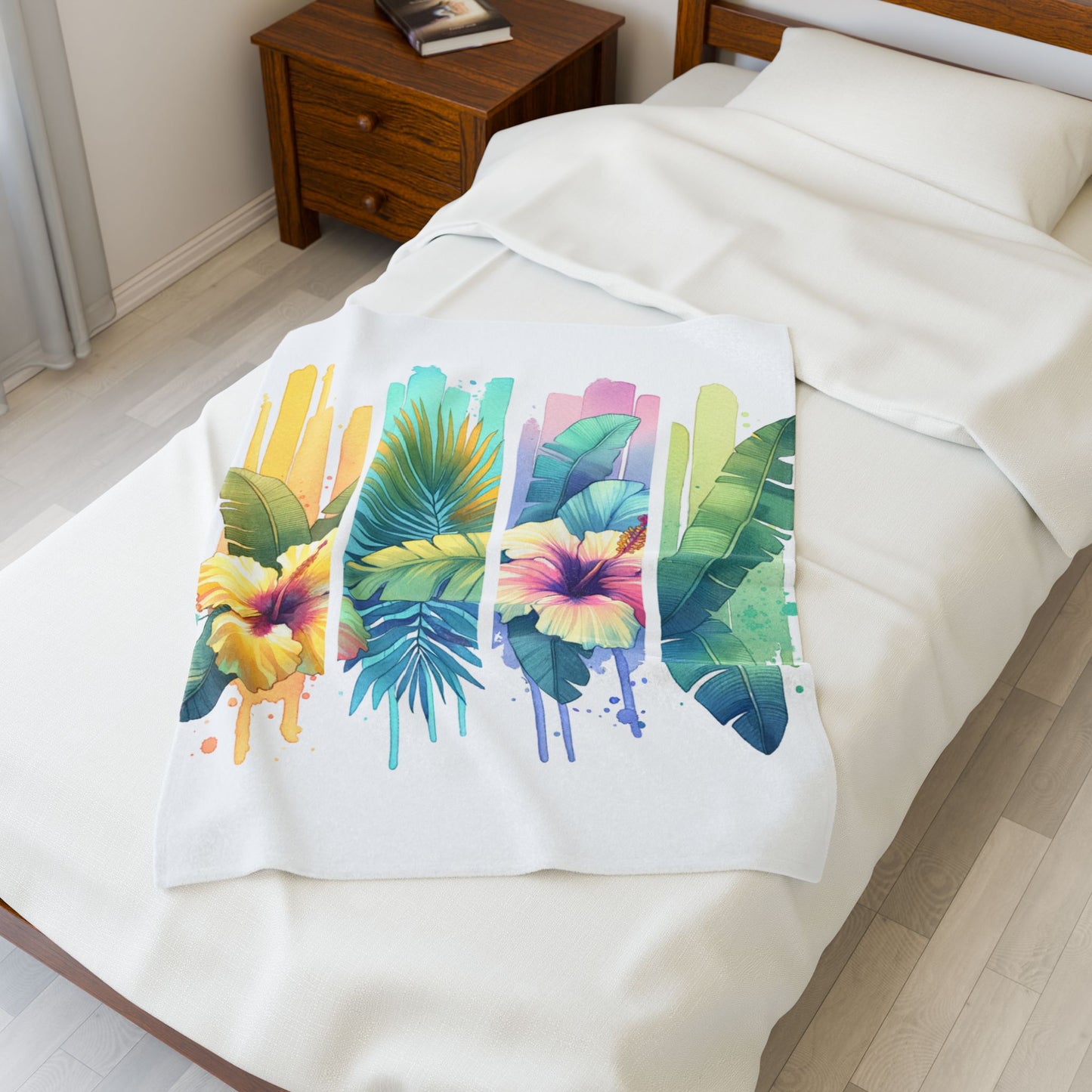 Tropical Floral Velveteen Plush Blanket - Cozy Tropical Décor for Home, Great for Gifts
