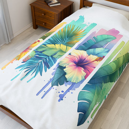 Tropical Floral Velveteen Plush Blanket - Cozy Tropical Décor for Home, Great for Gifts
