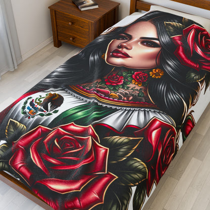Mexican Heritage Velveteen Plush Blanket - Cozy Floral Design