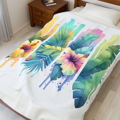 Tropical Floral Velveteen Plush Blanket - Cozy Tropical Décor for Home, Great for Gifts